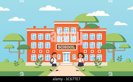 Schulgebäude mit blauem Himmel. Zurück zur Schule. Minimalistischer flacher Stil. Vektorabbildung. Zwei Schüler gehen nach draußen. Helle Architektur, Stock Vektor