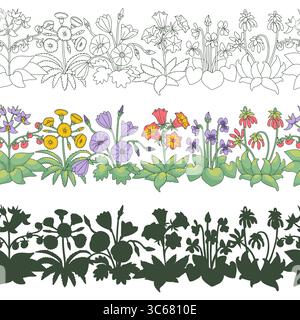 Set mit Streifenmustern mit Blumen der kanarischen Inseln. Horizontaler, nahtloser Blumenrand mit handgezeichnetem Millefleur Stock Vektor