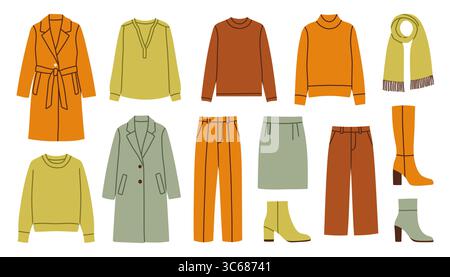 Einfaches Set für Herbstkleidung. Modische Damenoutfits für Herbst und Frühling, trendiges modisches Geschäft. Illustration der Vektorabwicklung. Mäntel, Stiefel, Pullover Stock Vektor