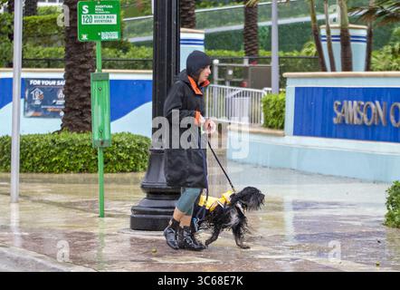 24. Mai 2020, Sunny Isles Beach, FL, USA: Eine Frau mit Hund spaziert im Regen vor dem Samson Oceanfront Park in Sunny Isles Beach am Sonntag, 24. Mai 2020. (Kreditbild: © TNS via ZUMA Wire) Stockfoto