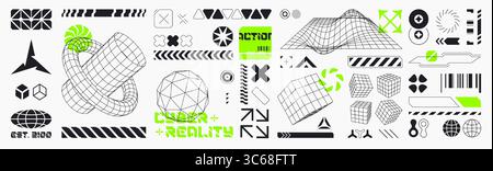 Cyberpunk-hud-Oberflächenelemente – futuristische schwarze Drahtmodellgrafiken mit neongrünen geometrischen Formen, Rastermustern, Pfeilen, 3D-Würfeln, Globus-Symbolen für Science-fiction-Spiele-ui oder digitales Display-Design. Stock Vektor