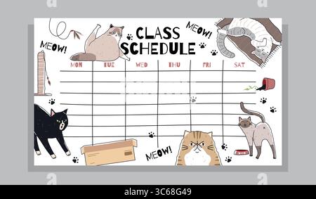 Schulplan mit süßen Katzen. Training Segelflugzeug Design, lustige animalische Vorlage, Kinder Wochenplaner, Notizliste, Zeitplan für Kawaii Tiere, Cartoon Stock Vektor