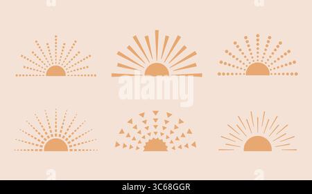 Goldenes modernes minimalistisches, kräftiges Halbsonnenuntergang, Sonnenaufgang, Sonnenaufgang. Niedliches einfaches abstraktes Sonnenlogo, Vorlagen für Etikettendesign, Symbole. Stock Vektor