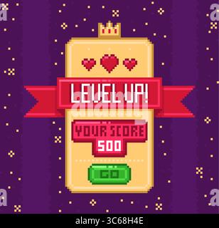 Retro-Spielbildschirm. Pixelband mit Level-Up-Beschriftung, 8-Bit-Asset-Schnittstelle, Design der mobilen App, Spielfortschritt, Herzsymbol und Punktzahl, alt Stock Vektor