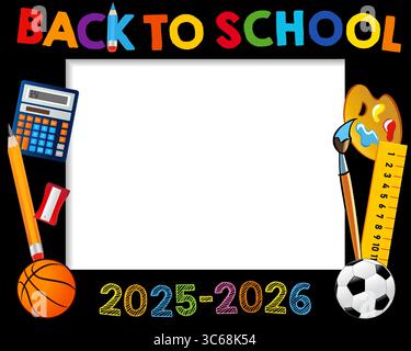 Zurück zur Schule 2025-2026, kreatives Design von Fotokabinen. Erster Schultag Konzept für Selfie-Bilderrahmen. Vektorabbildung Stock Vektor