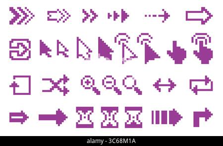 Monochrome Pixelzeiger. Klickt auf Symbole und 8-Bit-Pfeile, Handfinger, Sanduhr, Lupe, Retro-Computerelemente, Zeiger-Silhouetten Stock Vektor