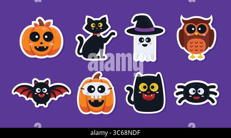 Niedliche Aufkleber-Pakete mit Halloween-Charakter. Bedruckbarer Aufkleber mit niedlichem Kürbis, Katze, Fledermaus, Geist und Spinne, perfekt für Halloween Stock Vektor
