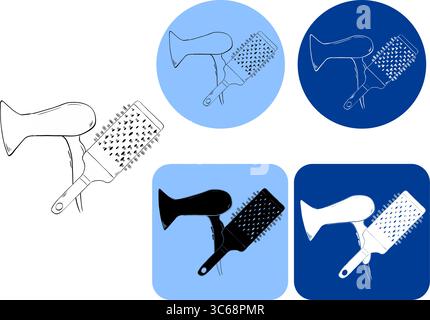 Logotyp für Haartrockner und Bürstenkamm. Abbildung der grafischen Vektorfarbe. Flaches Symbol. Dünne Linien für Design-Logo, Visitenkarte, e Stock Vektor