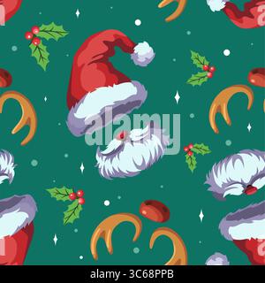 Lustige Winterhüte mit nahtlosem Muster. Wiederholte weihnachtsaccessoires, weihnachtsmütze mit Bart, Hirschgeweih und roter Nase. Dekor aus Textil, Weihnachtsverpackung Stock Vektor