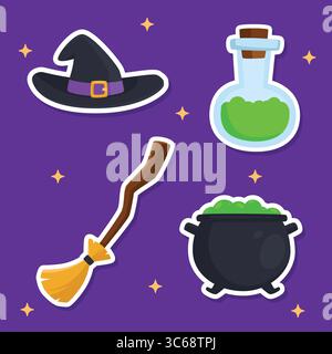 Mini-Sticker-Bundles mit Hexenmotiv auf violettem Hintergrund. Zauberer-Elemente-Sammlungen wie Besen, Kessel, Trank und Hut Stock Vektor