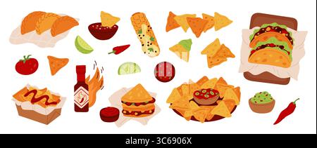 Traditionelle mexikanische Küche. Scharfe Gerichte, Urlaub, Alltagsküche, Nachos, Quesadillas, Tacos, Burritos mit Salsa und Guacamole, Essen zum Mitnehmen auf der Straße Stock Vektor