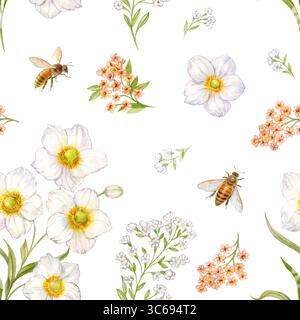 Wilde Blumen und Bienen, Muster. Aquarellabbildungen Stockfoto