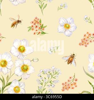 Wilde Blumen und Bienen, Muster auf hellgelbem Hintergrund. Aquarellabbildungen Stockfoto