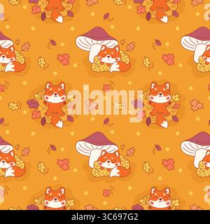 Niedliches Fuchsmuster. Wiederholte lustige Rothaarige Tiere, Elemente der Herbstsaison, gelbe Blätter, Pilze. Textil, Geschenkpapier, Tapete. Drucken Stock Vektor