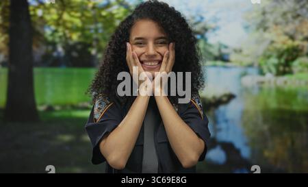 Die junge hispanische Polizistin mit lockigen Haaren lächelt aufgeregt in einem grünen Park im Freien und verleiht ihrem Beruf Lebendigkeit und Begeisterung Stockfoto
