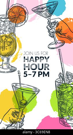 Helles vertikales Banner mit tropischen Cocktails und Aquarellspritzern. Handgezeichnete Vektorskizze für Partyflyer, Sommer-Bar-Promo, Social-Media-Geschichte Stock Vektor