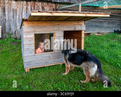 Ein Kind sitzt in einem hölzernen Hundehaus, während ein Schäferhund in der Nähe steht und eine bezaubernde Hinterhofszene mit Kinderspielen erschafft. Stockfoto