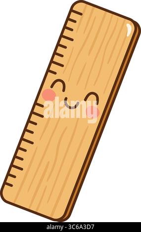 Niedlicher kawaii Holzlineal mit lächelndem Gesicht und rosa Wangen Stock Vektor