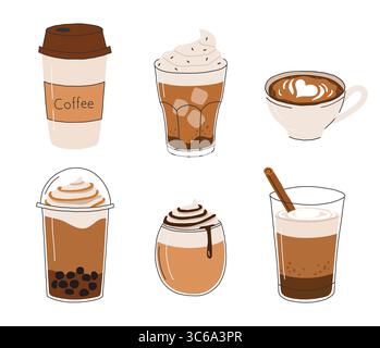 Handgezeichnetes Kaffeeset Kunst. Trendiger STYLE. Kaffeetassen-Sammlung. Isoliert für weißen Hintergrund Stock Vektor