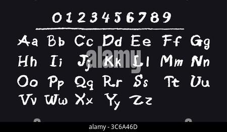 Englisches Alphabet und Zahlen 0-9, handgezeichnet mit weißem Wachsstift oder Kreide auf einem Brett. Textmarker-Effekt, perfekt zum Zeichnen im Kindergarten Stock Vektor
