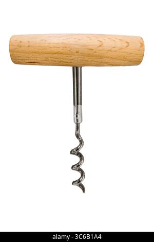Spiralkorkenzieher mit Holzgriff isoliert auf weiß mit Schnittpfad im Lieferumfang enthalten Stockfoto