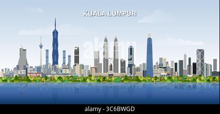 Kuala Lumpur City Skyline auf einem Gefälle schöner Tag Himmel Hintergrund. Vektorabbildung Stock Vektor
