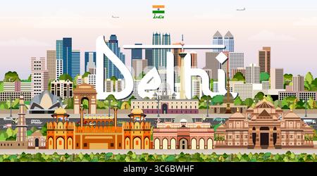 Delhi Stadtlandschaft bunte Vektor-Illustration mit großem Stadtnamen auf dem Hintergrund. Trendiges Reiseposter Stock Vektor