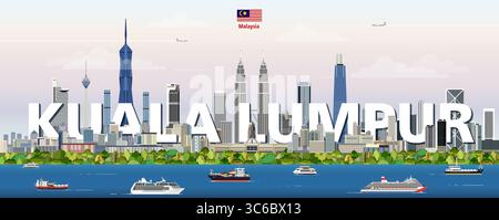 Kuala Lumpur Stadtlandschaft bunte Vektorillustration mit großem Stadtnamen auf dem Hintergrund. Trendiges Reiseposter Stock Vektor