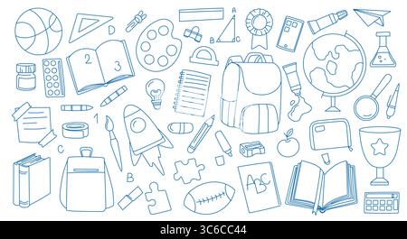 Handgezeichnetes Schulmaterial und Zubehör. Stock Vektor
