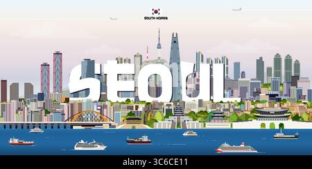 Seoul Stadtbild farbenfrohe Vektorillustration mit großem Stadtnamen auf dem Hintergrund. Trendiges Reiseposter Stock Vektor