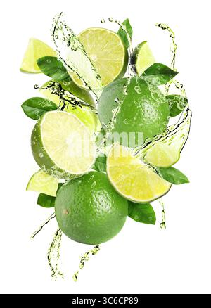 Frische Limetten und Spritzwasser in der Luft vor weißem Hintergrund Stockfoto