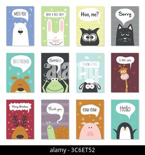 Vektor-Tier-Grußkarten mit niedlichen Tieren und lustigen Zitaten. Flache Grußkarten mit Tiermotiv zum Geburtstag. Urlaub und Freundschaft, Tier Stock Vektor