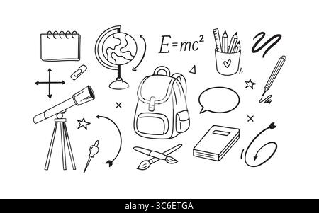 Satz von Schulvektorsymbolen im Doodle-Stil. Schwarz-weiß-Skizze von Schulbedarf. Zurück zur Schule. Vektorkontur, Abbildung. Rucksack, Globus, Bücher, Formeln, Teleskop Stock Vektor
