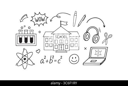 Satz von Schulvektorsymbolen im Doodle-Stil. Schwarz-weiß-Skizze von Schulbedarf. Zurück zur Schule. Vektorkontur, Abbildung. Schulgebäude, Reagenzgläser, Laptop, Kopfhörer Stock Vektor