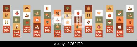 Herbstset mit einfachen Werbebanner im Bauhaus-Stil. Satz von Herbstpreisen und Rabattetiketten. Geometrische abstrakte Herbst-Flyer-Vorlage mit skandinavischem Mosaik. Stock Vektor