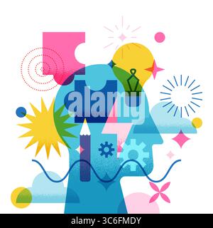 Abstrakter kreativer menschlicher Kopf mit Puzzle, Glühbirne, Blitz, Ausrüstung, Wolkensymbolen. Geometrische Vektorabwicklung. Konzept für Kreativität, Bildung Stock Vektor