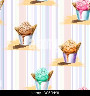 Tauchen Sie ein in den Sommer mit diesem bezaubernden nahtlosen Muster mit bunten Eiskugeln in Waffelkegeln vor einem Hintergrund aus weichem Pastellfarben Stockfoto