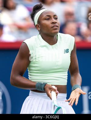 Montreal, Quebec, Kanada. 31. Juli 2025. COCO GAUFF (1) aus den USA Reaktion im ersten Satz gegen Veronika Kudermetova im Runde von 32 bei den Canadian Open im IGA-Stadion in Montreal, Quebec, Kanada am 2025 31. 07.2007 (Credit Image: © Yannick Legare/ZUMA Press Wire) NUR REDAKTIONELLE VERWENDUNG! Nicht für kommerzielle ZWECKE! Stockfoto