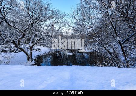 Malerischer Blick auf die Landschaft des Central Parks, die zu Weihnachten mit Schnee bedeckt ist Stockfoto