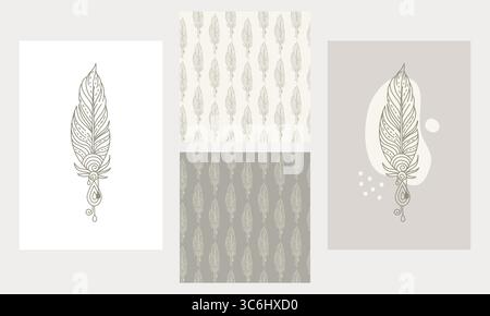 Moderne Boho abstrakte Reihe minimalistischer Poster und nahtloses Muster, weiche Erdtöne, handgezeichnete Federn. Esoterische Geheimnisdekoration. Moderne Kunst d Stock Vektor