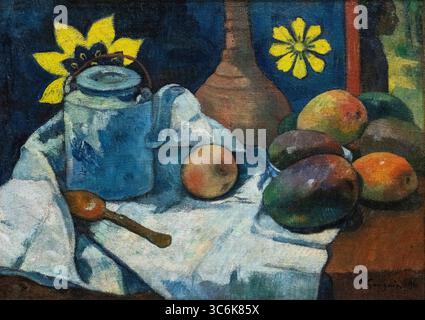 Gemälde mit dem Titel Stillleben mit Teekanne und Frucht von Paul Gauguin im New York MET Art Museum Stockfoto