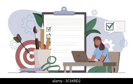 Aufgabencheckliste und kreative Arbeitsbereichsszene. Vektorabbildung Stock Vektor