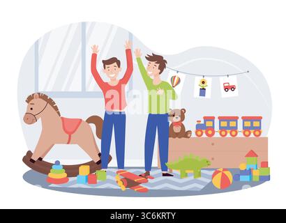 Zwei glückliche Kinder spielen im Spielzimmer. Vektorabbildung Stock Vektor