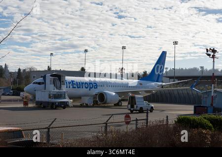 14. Januar 2021, Renton, Washington, USA: Am Donnerstag, den 14. Januar 2021, wird ein Air Europa 737 MAX Flugzeug in der Boeing Renton Factory in Renton, Washington, abgestellt. (Foto: © Seattle Aviation Images/ZUMA Wire) Stockfoto