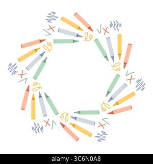 Einfacher Schulkreisrahmen. Runder Schulrand aus verschiedenen Schulobjekten. Weiche Pastellfarben zurück zur Schule Hand gezeichnetes Vektorbanner Stock Vektor