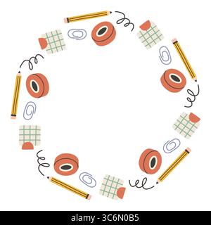 Einfacher Schulkreisrahmen. Runder Schulrand aus verschiedenen Schulobjekten. Weiche Pastellfarben zurück zur Schule Hand gezeichnetes Vektorbanner Stock Vektor