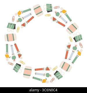 Einfacher Schulkreisrahmen. Runder Schulrand aus verschiedenen Schulobjekten. Weiche Pastellfarben zurück zur Schule Hand gezeichnetes Vektorbanner Stock Vektor
