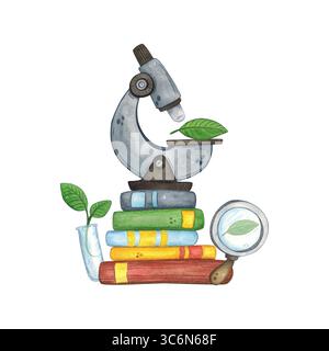 Das Mikroskop steht auf einem Stapel Bücher, daneben befindet sich eine Lupe und eine Flasche mit einer Pflanze. Aquarellillustration handgezeichnet, Zeichentrick Stockfoto