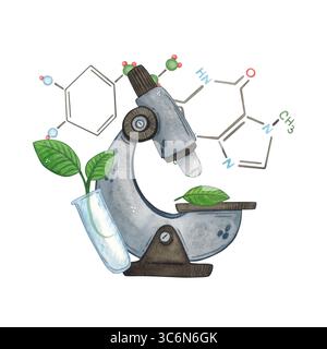 Mikroskop neben einem Kolben mit grüner Spreizung und chemischen Formeln. Aquarellillustration handgezeichnet, Zeichentrick. Zeichnung für Aufkleber, Karten Stockfoto