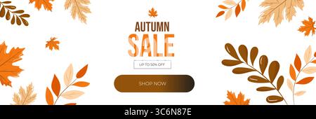Herbst-Werbebanner mit bunten Herbstblättern auf weißem Hintergrund. Helle Vektorillustration mit Text 50 deaktiviert und Platz für Werbung. Perfekt für saisonale Werbung Stock Vektor